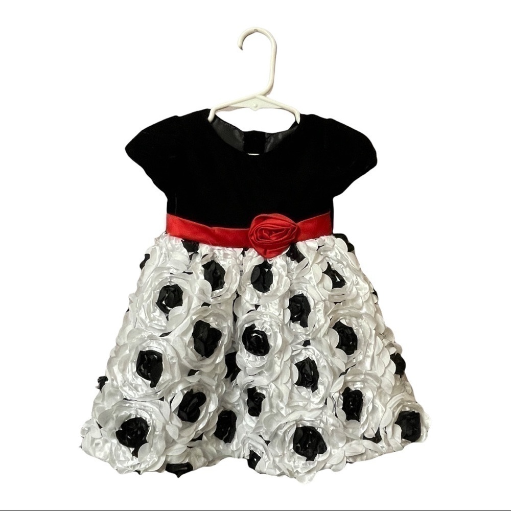 NANETTE baby party dress black velvet top wht/blk rosette skirt red belt-rosette